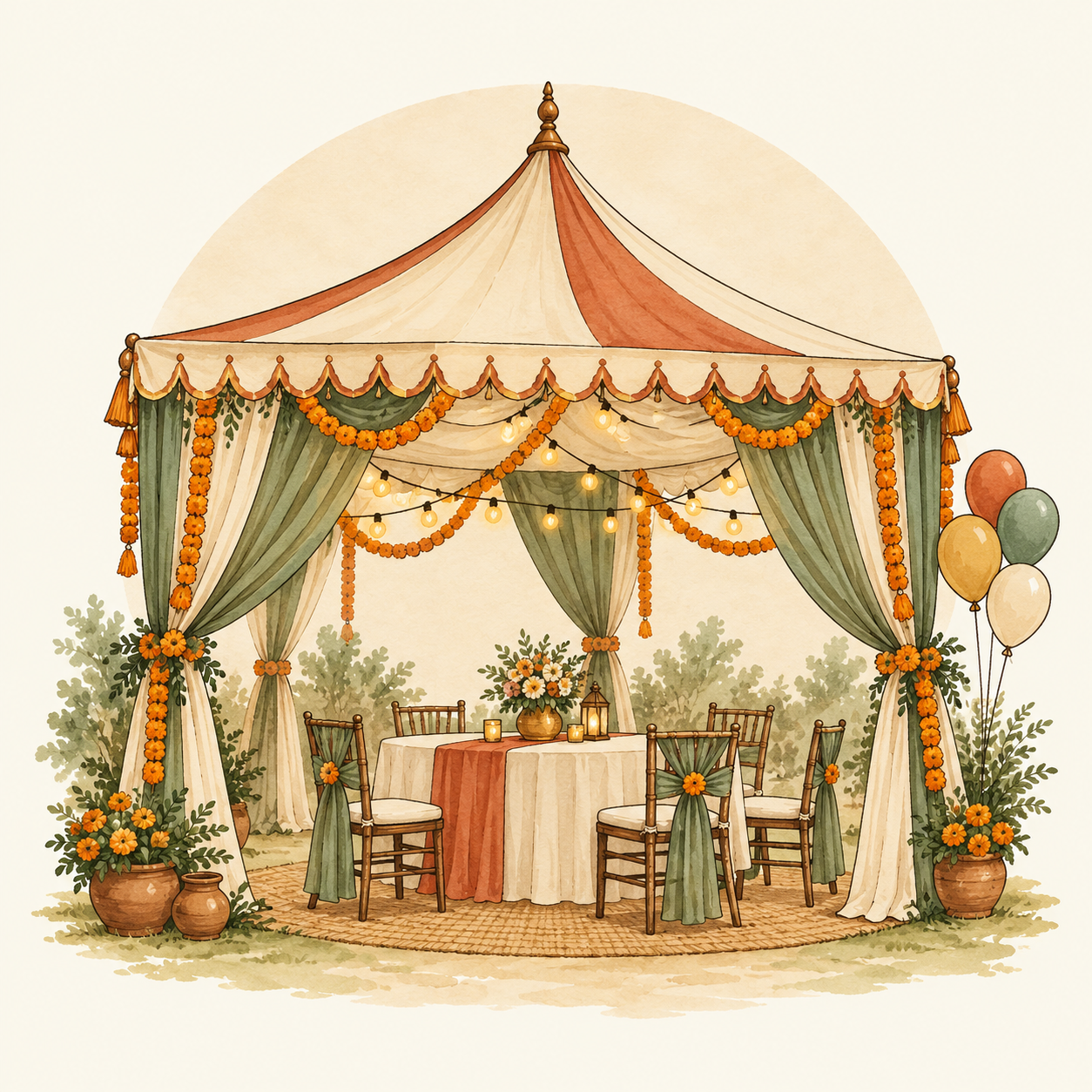Decorated celebration tent with drapes, flowers, lights, seating and balloons