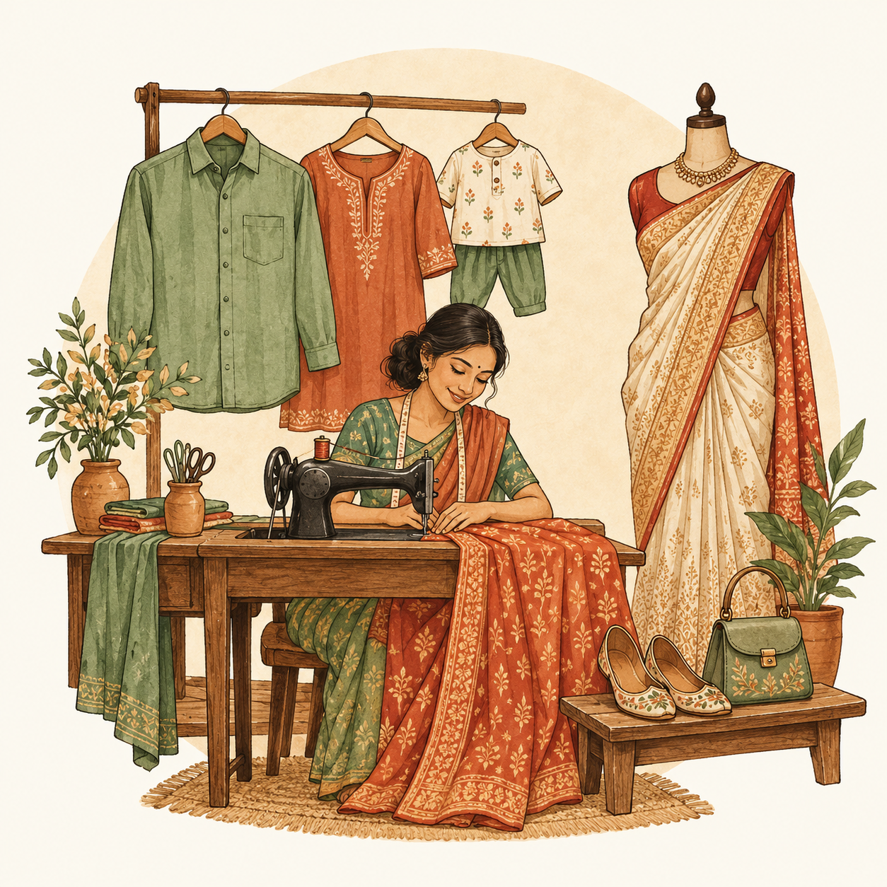 Local boutique with men's, women's and children's clothing, a tailor, ethnic sari, footwear and handbag