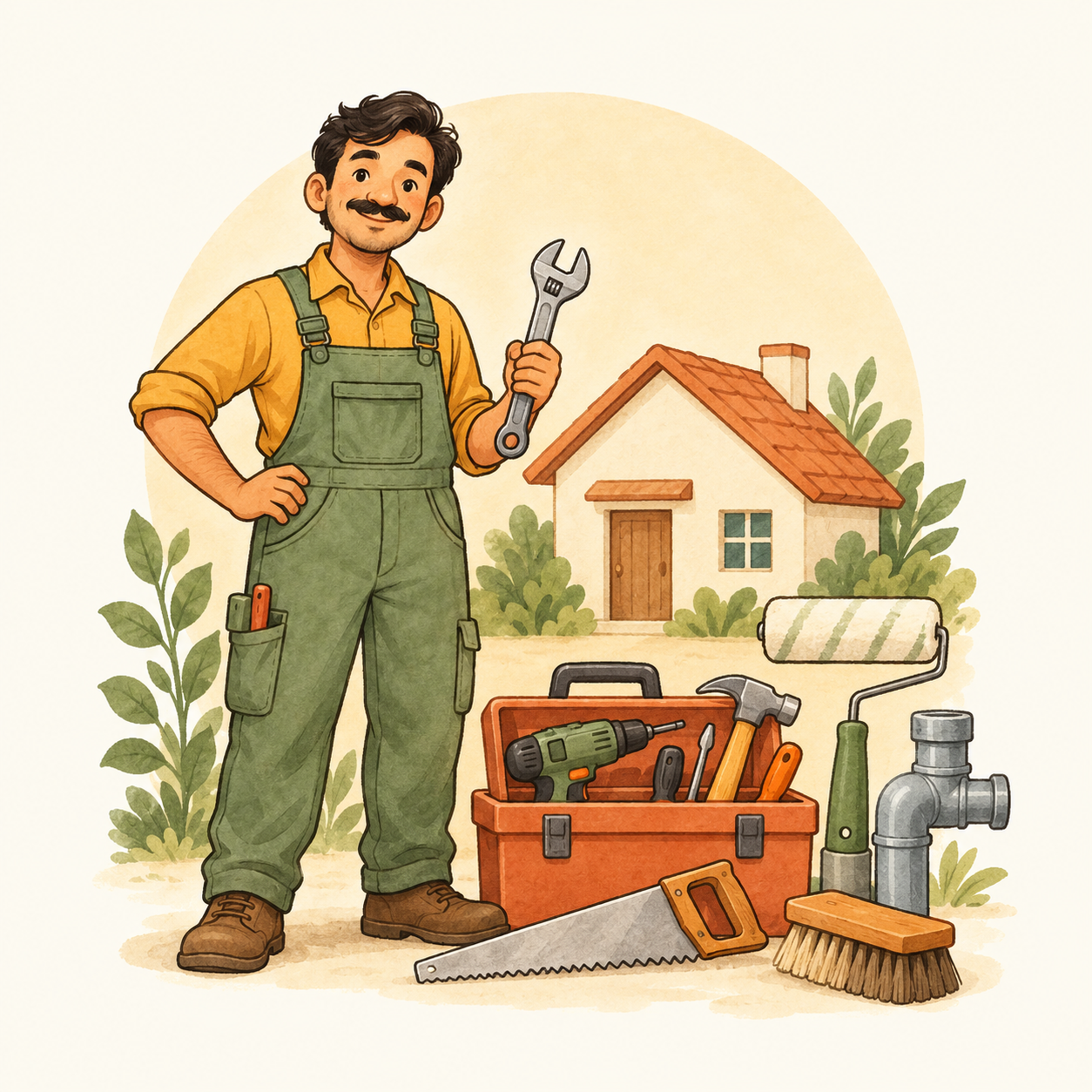Home service technician with plumbing, carpentry, painting, cleaning and repair tools