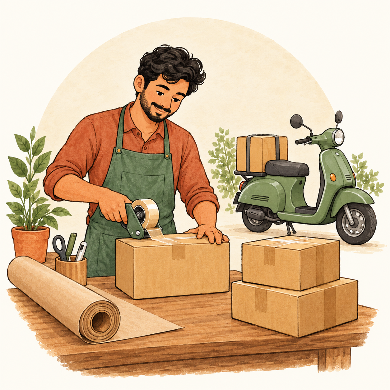 Seller packing orders with shipping boxes, packing supplies and a delivery scooter